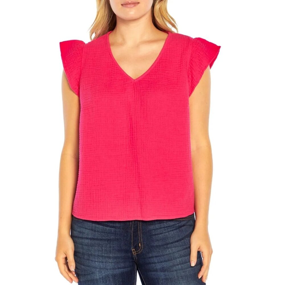 Three Dots Cotton Gauze Shirt Size XL Short Sleeve V Neck Blouse Hot Pink NEW